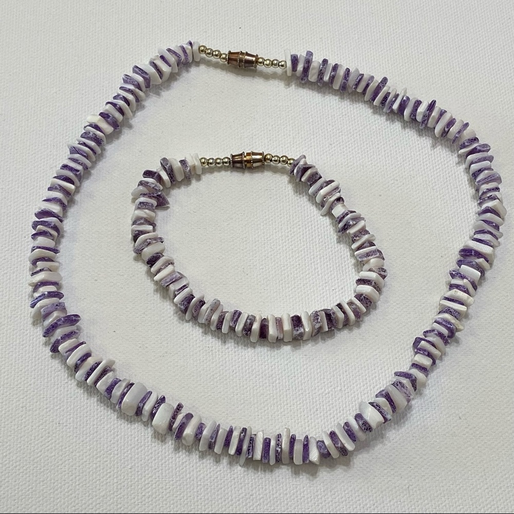 VINTAGE BOHO PURPLE WHITE SHELL STONE CHOKER NECKLACE AND BRACELET SET
